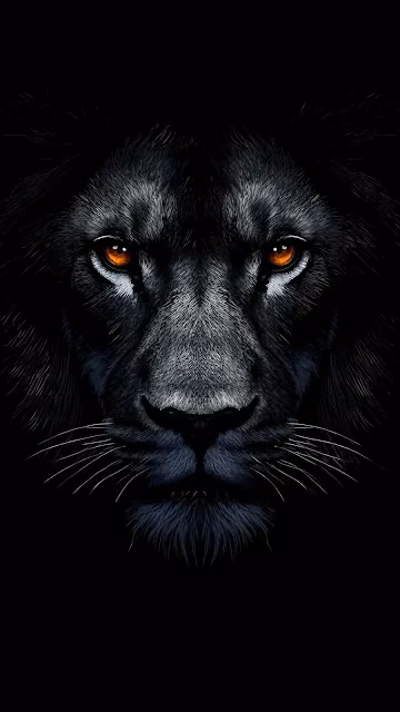 Intense Black Lion Face Portrait with Fiery Orange Eyes - Free 4K & 8K Mobile Wallpaper