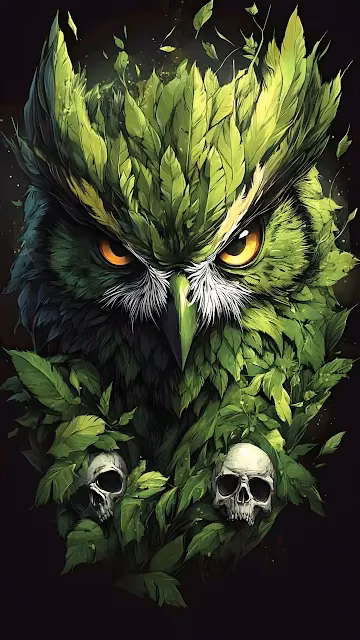 Intense Green Leaf Owl with Skulls and Dark Background - Free 4K & 8K Mobile Wallpaper