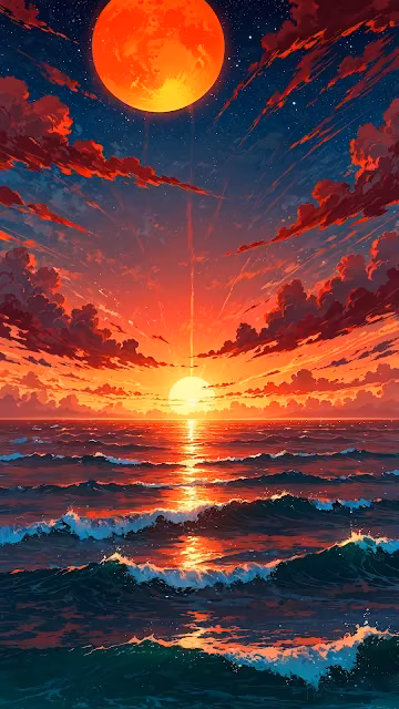 Intense Ocean Sunset with Blood Orange Moon - Free 4K & 8K Mobile Wallpaper