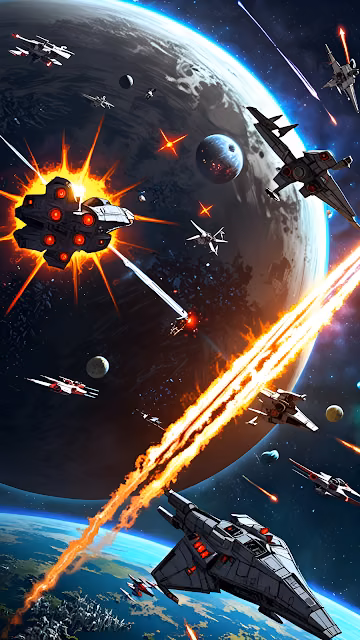 Intense Space Battle Starships Firing Lasers Near Planet - Free 4K & 8K Mobile Wallpaper