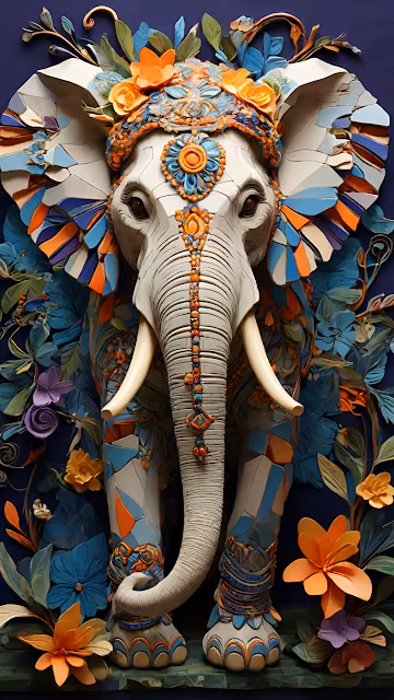 Intricate Mosaic Elephant Sculpture Floral Art - Free 4K & 8K Mobile Wallpaper