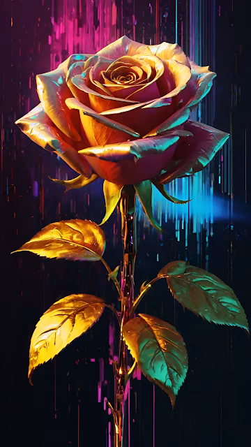 Iridescent Metallic Rose Digital Sculpture Art Neon Lighting - Free 4K & 8K Mobile Wallpaper