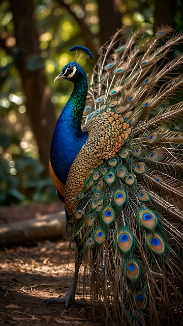 Iridescent Peacock with Ocelli Feathers in Tropical Forest - Free 4K & 8K Mobile Wallpaper
