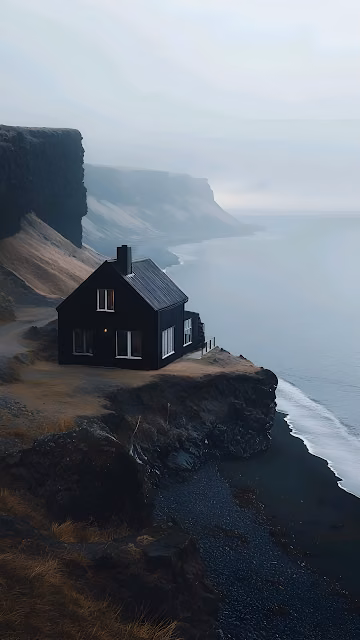 Isolated Black Cabin Overlooking Foggy Sea Cliffside - Free 4K & 8K Mobile Wallpaper
