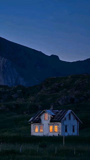 Isolated Nordic House Glowing Windows Mountain Landscape - Free 4K & 8K Mobile Wallpaper