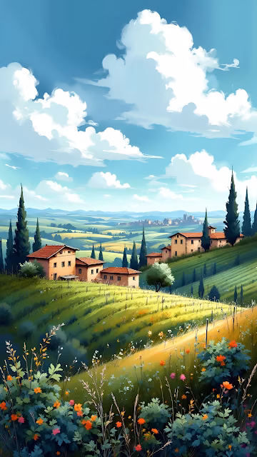 Italian Tuscany Landscape Digital Painting Cypress Trees - Free 4K & 8K Mobile Wallpaper