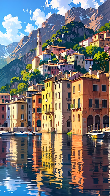Italian Village Reflections, Colorful Seaside Town - Free 4K & 8K Mobile Wallpaper