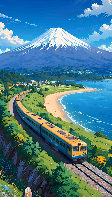 Japanese Coastal Train Journey Mount Fuji View Anime Style - Free 4K & 8K Mobile Wallpaper