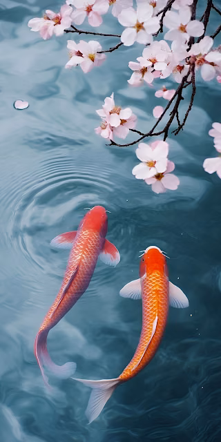 Japanese Koi Fish Swimming Under Pink Sakura Blossoms Water - Free 4K & 8K Mobile Wallpaper