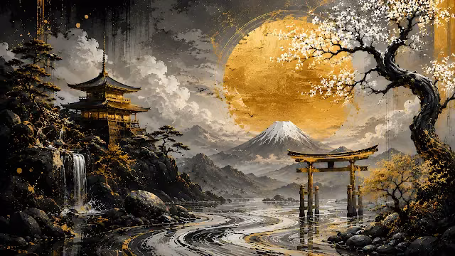 Traditional Japanese painting with Mount Fuji, a pagoda, torii gate, waterfall, and large gold circle.