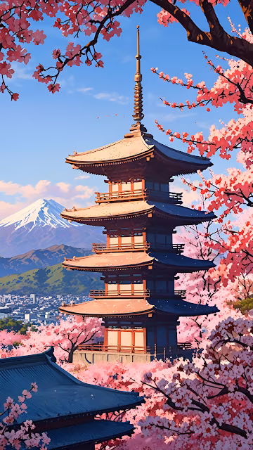Japanese Pagoda Cherry Blossoms Mount Fuji Spring Scene - Free 4K & 8K Mobile Wallpaper