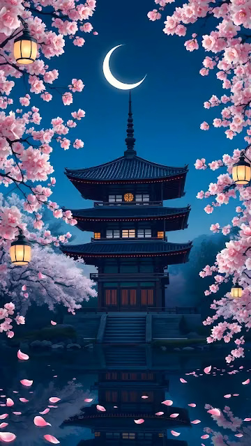 Japanese Pagoda Framed by Pink Cherry Blossoms at Night - Free 4K & 8K Mobile Wallpaper