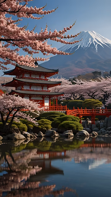 Japanese Pagoda Mount Fuji Cherry Blossom Water Reflection - Free 4K & 8K Mobile Wallpaper