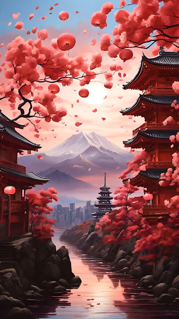 Japanese Pagoda Mount Fuji Cherry Blossom River - Free 4K & 8K Mobile Wallpaper