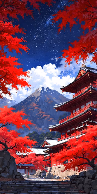 Japanese Pagoda Red Maple Leaves Snowy Mountain Starry Sky - Free 4K & 8K Mobile Wallpaper