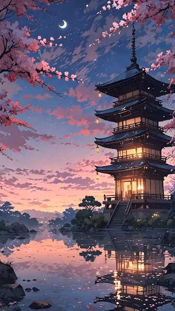 Japanese Pagoda Reflected in Water with Sakura Sunset - Free 4K & 8K Mobile Wallpaper