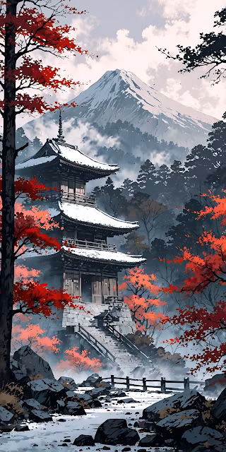 Japanese Pagoda in Snowy Autumn Landscape with Mount Fuji Art - Free 4K & 8K Mobile Wallpaper