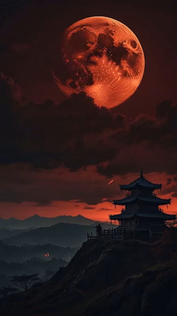 Japanese Pagoda Under Blood Moon at Dusk - Free 4K & 8K Mobile Wallpaper