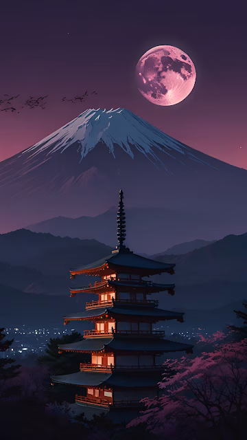 Japanese Pagoda Under Pink Moon with Snowy Mount Fuji - Free 4K & 8K Mobile Wallpaper