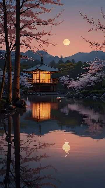 Japanese Pavilion Reflected in Pond with Cherry Blossoms - Free 4K & 8K Mobile Wallpaper