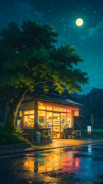 Illuminated Japanese convenience store at night in the rain beside a large green tree under a glowing full moon.