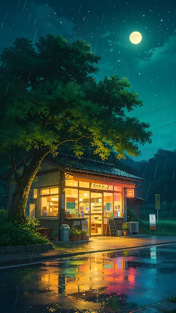 Japanese convenience store illuminated at night in the rain beneath a full moon with puddle reflections. Illuminated Japanese convenience store at night in the rain beside a large green tree under a glowing full moon.