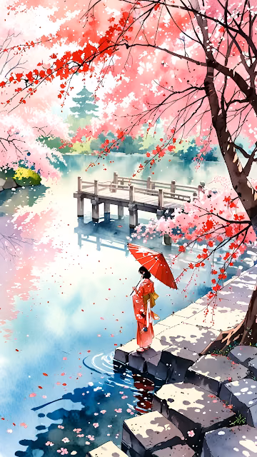 Japanese Sakura Garden Watercolor Kimono Woman Art - Free 4K & 8K Mobile Wallpaper