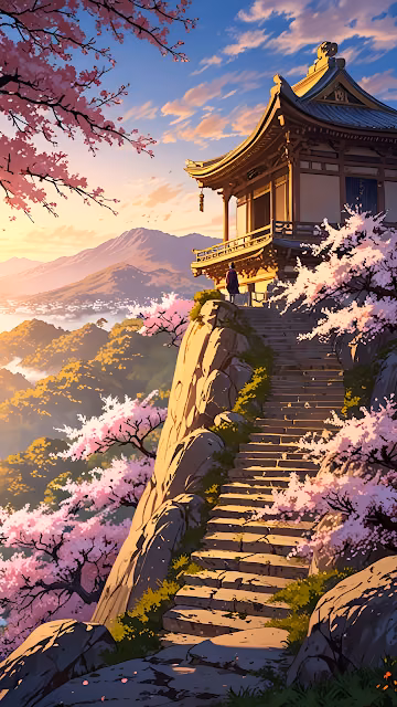 Japanese Temple on Cliff Amid Blooming Cherry Blossoms - Free 4K & 8K Mobile Wallpaper