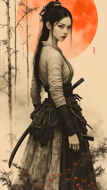 Japanese Warrior Woman Katana Red Sun Vintage Art Style - Free 4K & 8K Mobile Wallpaper