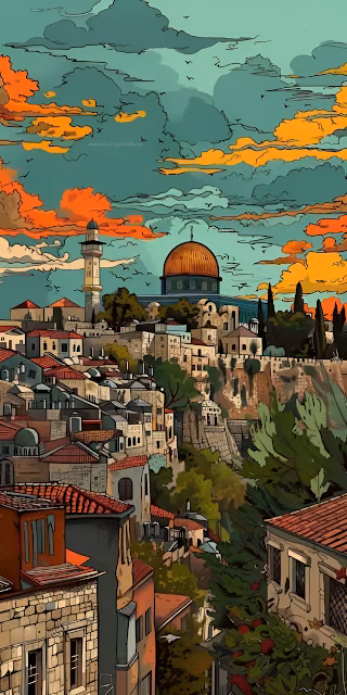 Jerusalem Cityscape Dome of the Rock Graphic Art Sunset - Free 4K & 8K Mobile Wallpaper