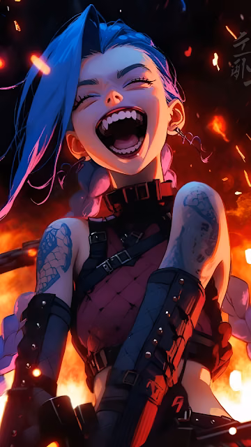 Jinx Maniacal Laugh Arcane Style Blue Hair Fire Art - Free 4K & 8K Mobile Wallpaper