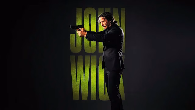 John Wick aims a handgun in a black suit beside textured lime-green title lettering on a dark backdrop. John Wick in a black suit aiming a handgun with textured yellow-green typography behind him on a dark backdrop.