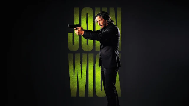 John Wick aims a handgun in a black suit beside textured lime-green title lettering on a dark backdrop. John Wick in a black suit aiming a handgun with textured yellow-green typography behind him on a dark backdrop.