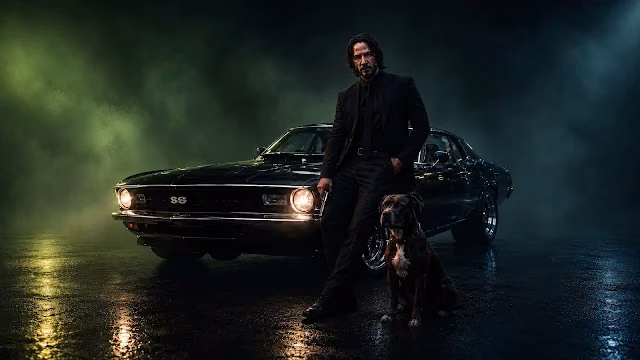 John Wick standing in a black suit leaning against a vintage car with headlights on, beside a seated brown pit bull.