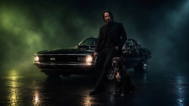 John Wick leans on a classic muscle car alongside his dog in green atmospheric lighting. John Wick standing in a black suit leaning against a vintage car with headlights on, beside a seated brown pit bull.