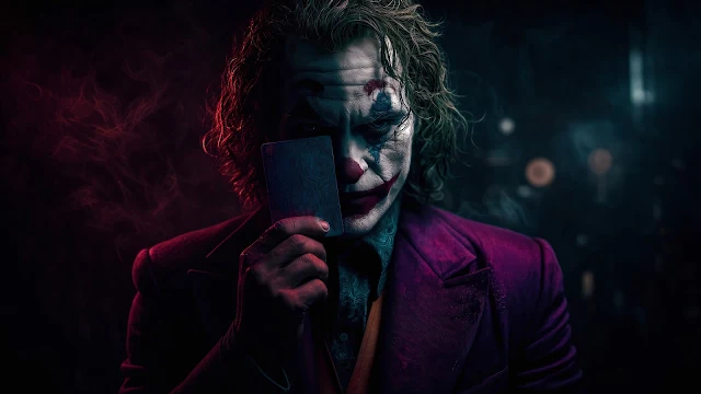 The Joker obscures part of his painted face with a playing card in a dimly lit, smoky room. A man in Joker clown makeup and magenta suit holding a playing card in front of his face amid red smoke.