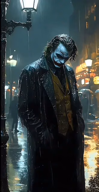 The Joker Standing Alone in the Rain on a Dark City Street - Free 4K & 8K Mobile Wallpaper