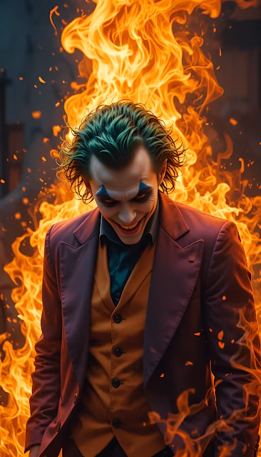 Joker Villain Portrait Smiling Maniacally Against Intense Fire - Free 4K & 8K Mobile Wallpaper