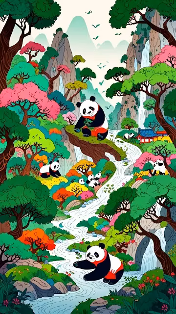 Joyful Pandas Colorful Forest Waterfall Stream Illustration - Free 4K & 8K Mobile Wallpaper