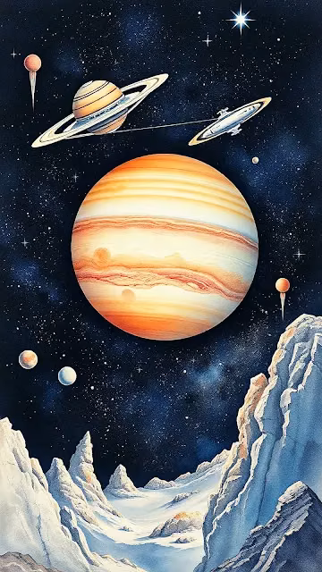 Jupiter and Saturn Over Alien Ice Mountain Range - Free 4K & 8K Mobile Wallpaper
