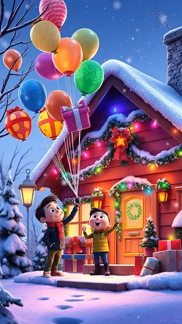 Kids with Balloons and Gifts on Snowy Christmas Porch - Free 4K & 8K Mobile Wallpaper