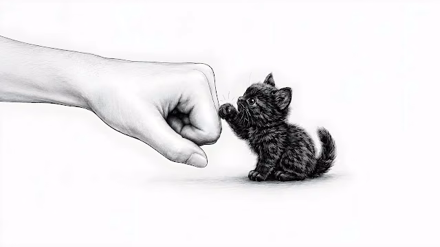 Minimalist pencil illustration of a small black kitten touching paws in a fist bump with a human hand. Pencil drawing of a small black kitten bumping paws with a human fist against a plain white background.