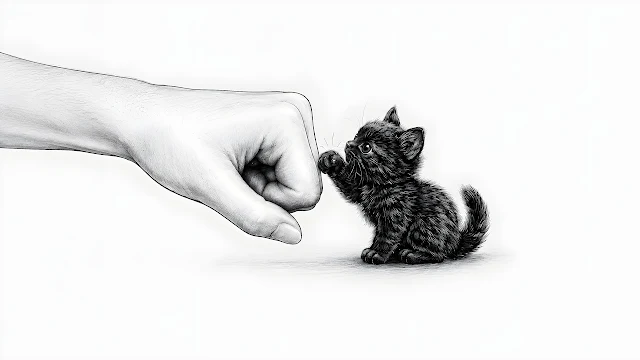 Minimalist pencil illustration of a small black kitten touching paws in a fist bump with a human hand. Pencil drawing of a small black kitten bumping paws with a human fist against a plain white background.