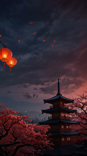 Kyoto Pagoda Twilight Sakura Bloom with Red Lanterns - Free 4K & 8K Mobile Wallpaper