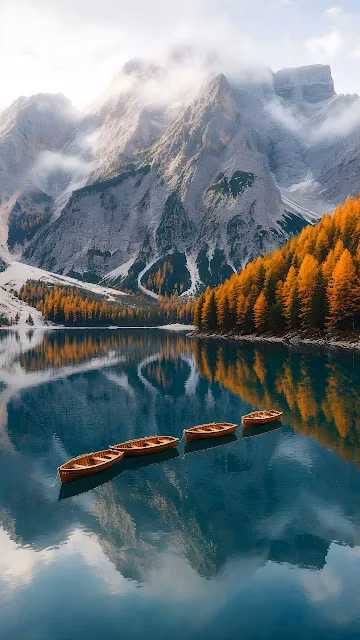 Four wooden rowboats moored in emerald water reflecting alpine mountains and golden autumn trees.
