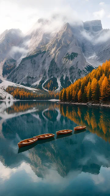 Wooden rowboats float in a line on Lago di Braies beneath rugged alpine peaks and autumn larches. Four wooden rowboats moored in emerald water reflecting alpine mountains and golden autumn trees.