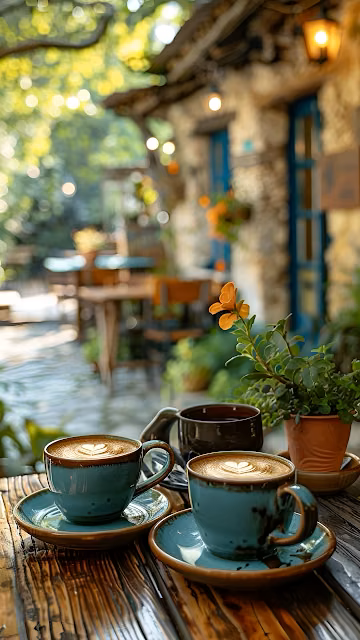 Latte Art Coffee Cups on Rustic Table in Garden Cafe - Free 4K & 8K Mobile Wallpaper