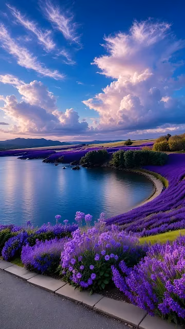 Blooming purple lavender flowers along a paved walkway overlooking a curved lake bay under sunset clouds.