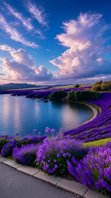 Blooming purple lavender flowers along a paved walkway overlooking a curved lake bay under sunset clouds.