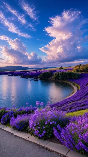 Curving purple lavender fields along a calm blue lake shore under soft pink and white clouds.